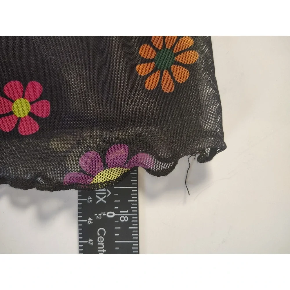 Shein Colorful‎ Floral Mesh Mini Skirt Black Multi Y2K Lettuce Hem Large